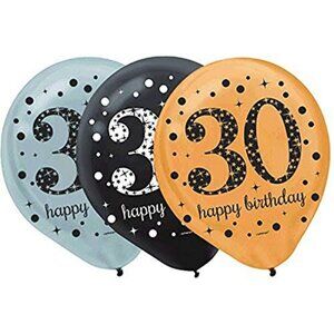 Amscan 30th Happy Birthday Latex Balloons 12" Pack of 15 Gold Silver Black NEW